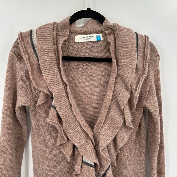 ANTHROPOLOGIE Sparrow Brown Lambs Wool Angora Knit Ruffle Cardigan Sweater Small - Picture 3 of 7